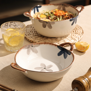 日式双耳碗吃面高颜值陶瓷面碗网红家用伴面碗带耳汤碗创意大汤盆