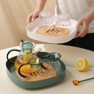 家用托盘创意茶盘放水杯茶杯的置杯盘日式沥水盘塑料圆形小型客厅