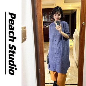Peach 日系纯棉蓝色格子宽松长衬衫女2024新款圆领短袖长款衬衣