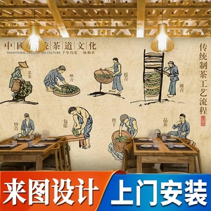 中式古典茶道茶文化养生墙纸茶叶店壁纸茶艺馆中国风装饰背景壁画