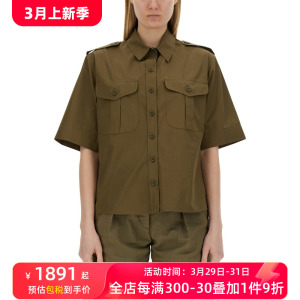 ASPESI新款女士棉衬衫时尚T恤大口袋短袖上衣轻奢女装军绿色SS24
