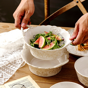 美式浮雕餐盘复古菜盘子西餐盘汤碗创意双耳碗圆盘沙拉盘陶瓷餐具