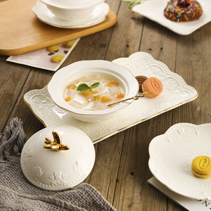 欧式浮雕甜品碗盅家用燕窝碗银耳羹糖水碗隔水炖盅蒸蛋碗陶瓷汤碗