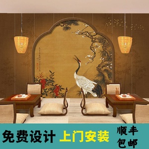中式古风仙鹤壁纸仿古典茶室客厅背景墙壁画汉服自拍馆直播间墙纸