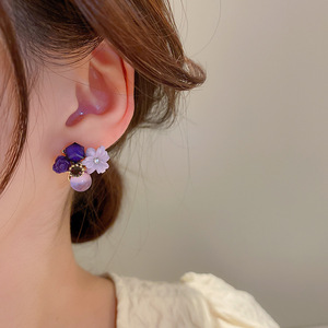 925银针镶钻猫眼石水晶紫色花朵耳环韩国仙女耳饰森系时尚耳钉女