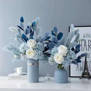 蓝色北欧精致陶瓷花瓶仿真花假花轻奢高端客厅餐桌花艺装饰品摆件