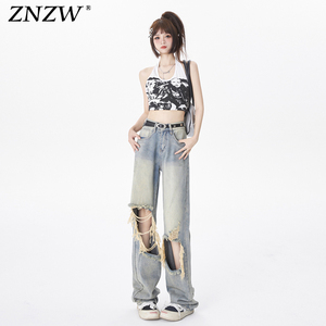 ZNZW美式高街破洞牛仔裤女新款夏季百搭高腰显瘦宽松直筒阔腿裤子