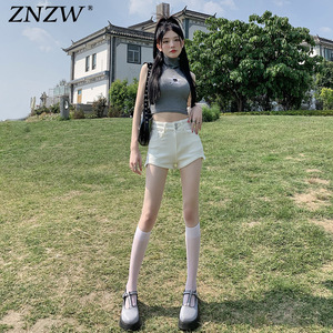 ZNZW白色美式高腰牛仔短裤女2024年新款夏季设计感显瘦a字热裤子