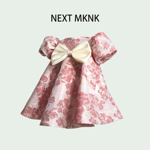 英国NEXT MKNK女宝宝周岁礼服拍照女童泡泡袖印花缎面裙花童衣服