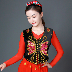 新疆舞马甲外搭绣花亮片马夹短款维吾尔族舞蹈服装女士演出服坎肩