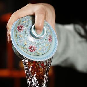 景德镇陶瓷手工掐丝珐琅彩锦上添花三才盖碗容量150cc茶具小杯