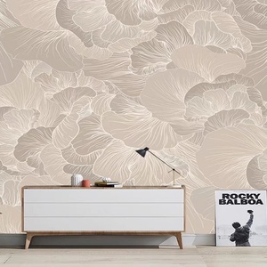 抽象花卉线条壁纸沙发背景墙纸暖色植物客厅墙布现代简约卧室壁画