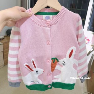 2020春秋款 法单童装 女童宝宝纯棉小白兔吃萝卜开衫粉色毛衣外套
