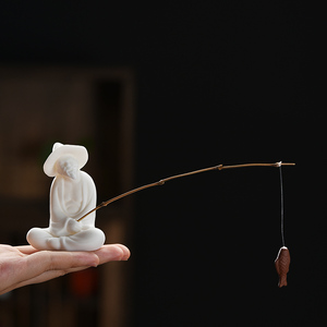 姜太公钓鱼小摆件鱼缸造景老头渔翁中式人物陶瓷雕塑微景观装饰品
