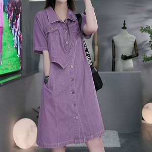 花斜2024夏季新款欧货宽松紫色牛仔短袖t恤连衣裙做旧不规则女装