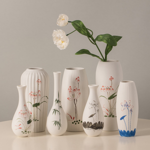 中式创意手绘陶瓷花瓶摆件荷花白瓷瓶观音玉净瓶桌面水培插花花器
