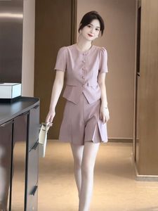 夏季韩版小香风短袖西装套装薄款小个子圆领西服上衣短裤两件套女