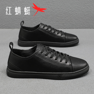 红蜻蜓男鞋夏季透气黑色板鞋真皮软面男士休闲皮鞋商务英伦小黑鞋