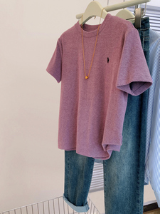 紫色刺绣纯棉短袖t恤女夏季2024新款小个子宽松半袖正肩体恤上衣
