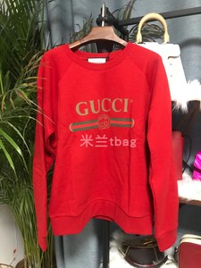 国内现货S码Gucci古驰男士logo印花圆领休闲套头运动卫衣红色上衣