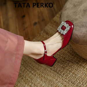 TATA PERKO联名红色玛丽珍鞋女2024夏季新款复古方头中跟水钻单鞋