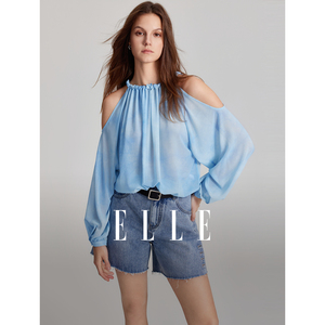 【甄选】ELLE蓝色度假风雪纺衫女2024夏季新款设计感气质长袖上衣