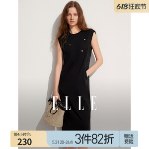 ELLE法式黑色设计感圆领无袖连衣裙女2024夏季新款中长款显瘦裙子