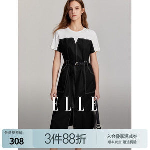 ELLE法式黑白撞色系带连衣裙女2024夏季新款高端精致短袖圆领裙子