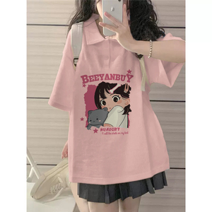 日系polo衫短袖翻领t恤女夏季学院风嫩粉色设计感小众减龄上衣ins