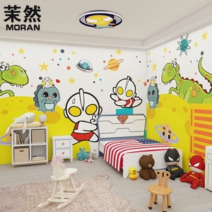 卡通儿童房床头壁布奥特曼墙纸主题酒店男孩卧室童装店背景墙壁纸