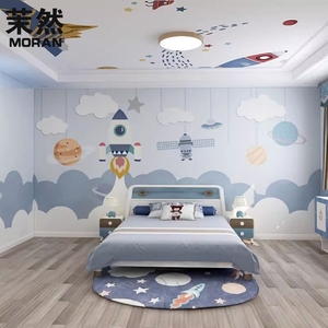 背景墙壁画环保儿童房墙纸太空星球卡通墙布男孩卧室床头壁纸壁布