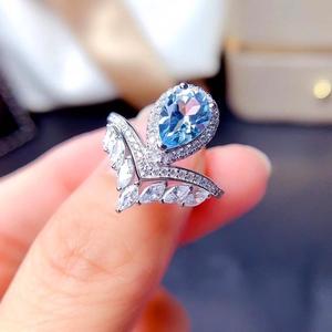 日韩蓝宝石锆石皇冠戒指女ins高级925银镶嵌钻石蓝色水晶开口指环