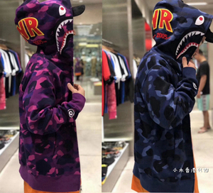 香港代购Bape卫衣2024春季新款经典迷彩鲨鱼连帽刺绣字母外套男女