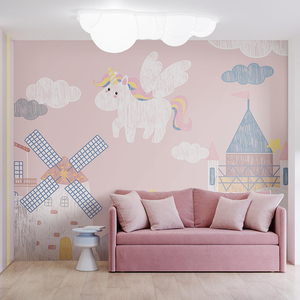 3d粉色小马卡通城堡墙纸女孩卧室主题背景墙壁纸公主房定制壁画