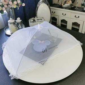 方形网纱提花菜罩家用可折叠 欧式花边餐桌罩悬挂食物防尘罩