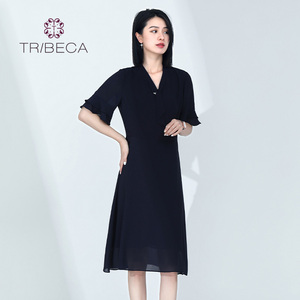 TRIBECA翠贝卡夏季商场同款女士纯色显瘦雪纺连衣裙