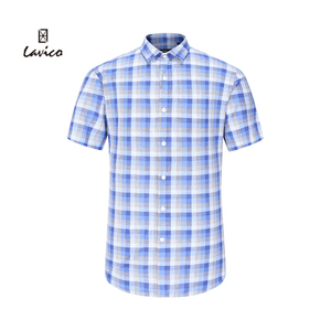 【商场同款】Lavico/朗维高男士蓝色格子时尚修身全棉短袖衬衫男