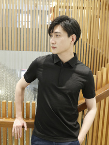 【含桑蚕丝】Lavico/朗维高男士高品质新商务黑色翻领短袖T恤Polo