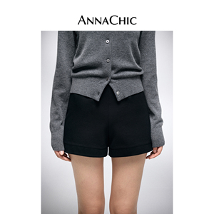 ANNACHIC黑色高腰短裤女春季新款打底裤设计感小个子显瘦休闲裤子
