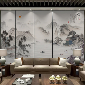中式现代电视背景墙壁纸水墨山水国画客厅竹木纤维板壁画影视墙布