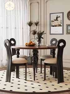 法式中古风全实木圆形餐桌轻奢简约美式饭桌家用小户型圆桌椅组合