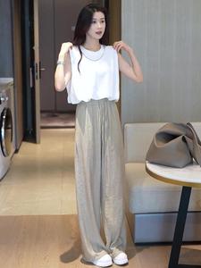 韩国干练气质女装套装夏装名媛时尚遮肉显瘦无袖上衣阔腿裤两件套