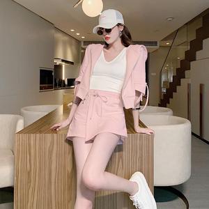 韩国粉红色休闲运动套装女夏季2024新款时尚洋气时髦短裙裤两件套