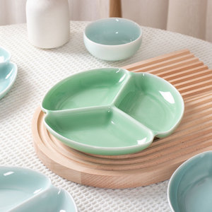 创意分格餐盘家用陶瓷三格盘中式水果盘零食碟子减脂定量分餐盘子