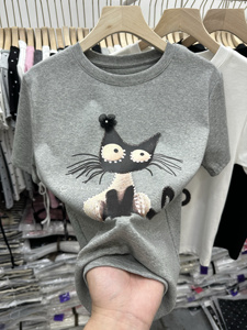 设计感卡通小猫图案印花短袖T恤女2024夏装新款洋气体恤衫上衣潮