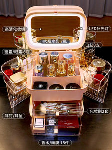 日本进口宜家网红化妆品收纳盒防尘护肤品梳妆台桌面led带镜子首