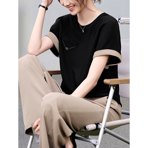 时尚撞色拼接运动套装女装2024夏季韩版新款简约高腰休闲裤两件套