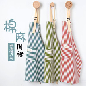 日式棉麻新款围裙女厨房家用夏季薄款工作服透气网红餐饮做饭围腰