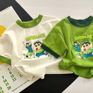 李宁联名2024新款韩版童装绿色白色时髦洋气纯棉T恤短袖卡通印花