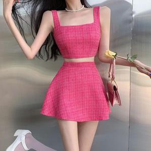 玫红粉色小香风套装女夏法式名媛气质吊带上衣+蓬蓬半身裙两件套